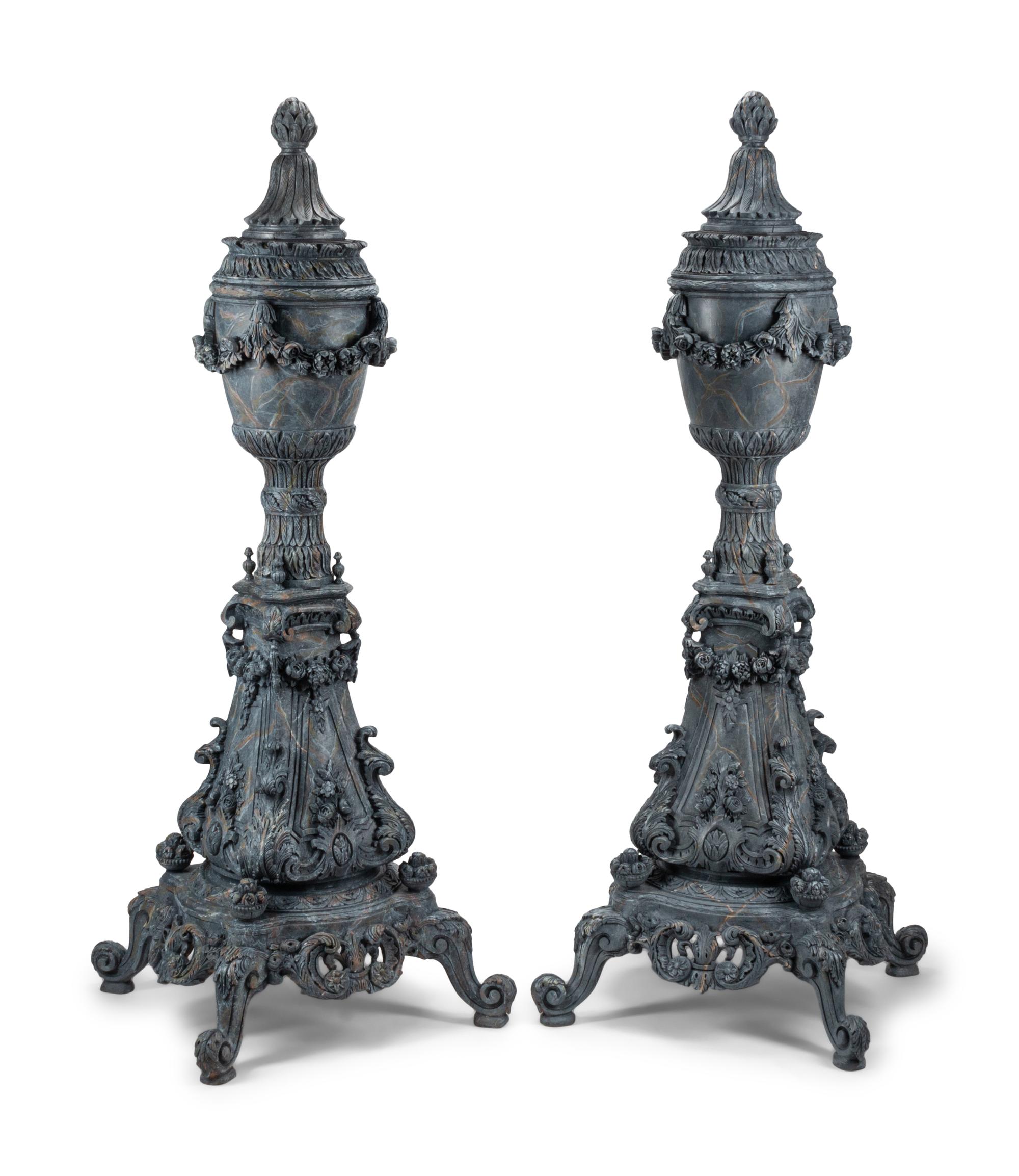 A Pair of Italian Faux Marble Painted Carved Wood Urns on Stands