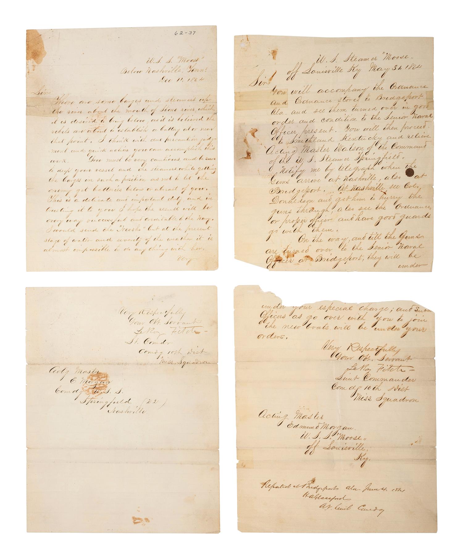 [CIVIL WAR - NAVY]. A group of 2 letters featuring correspondence between Lt. Commander LeRoy Fitch and Edmund Morgan.