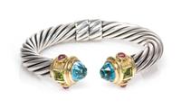 A Sterling Silver, 14 Karat Yellow Gold, Aquamarine, Peridot and Pink Tourmaline 'Renaissance' Bracelet, David Yurman, 32.10 dwts.