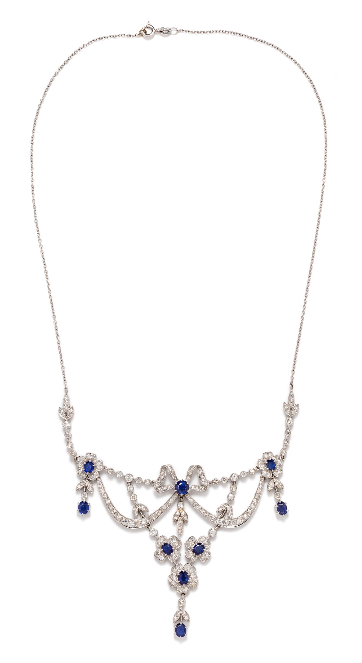 A White Gold, Diamond and Sapphire Garland Necklace, 15.00 dwts.