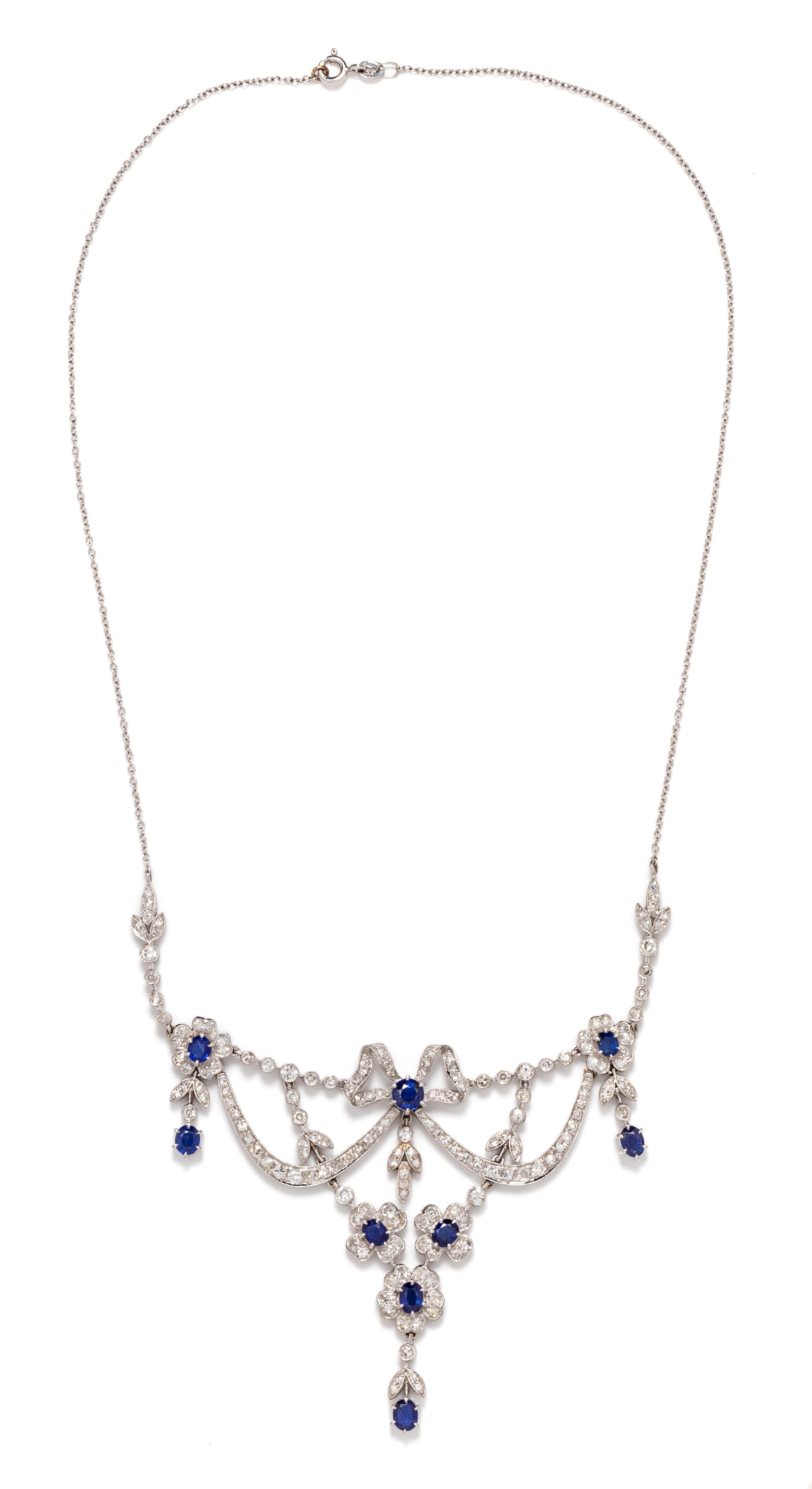 A White Gold, Diamond and Sapphire Garland Necklace, 15.00 dwts.