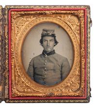 [CIVIL WAR]. Sixth plate ruby ambrotype of a young Confederate soldier, likely from Georgia or Tennessee.