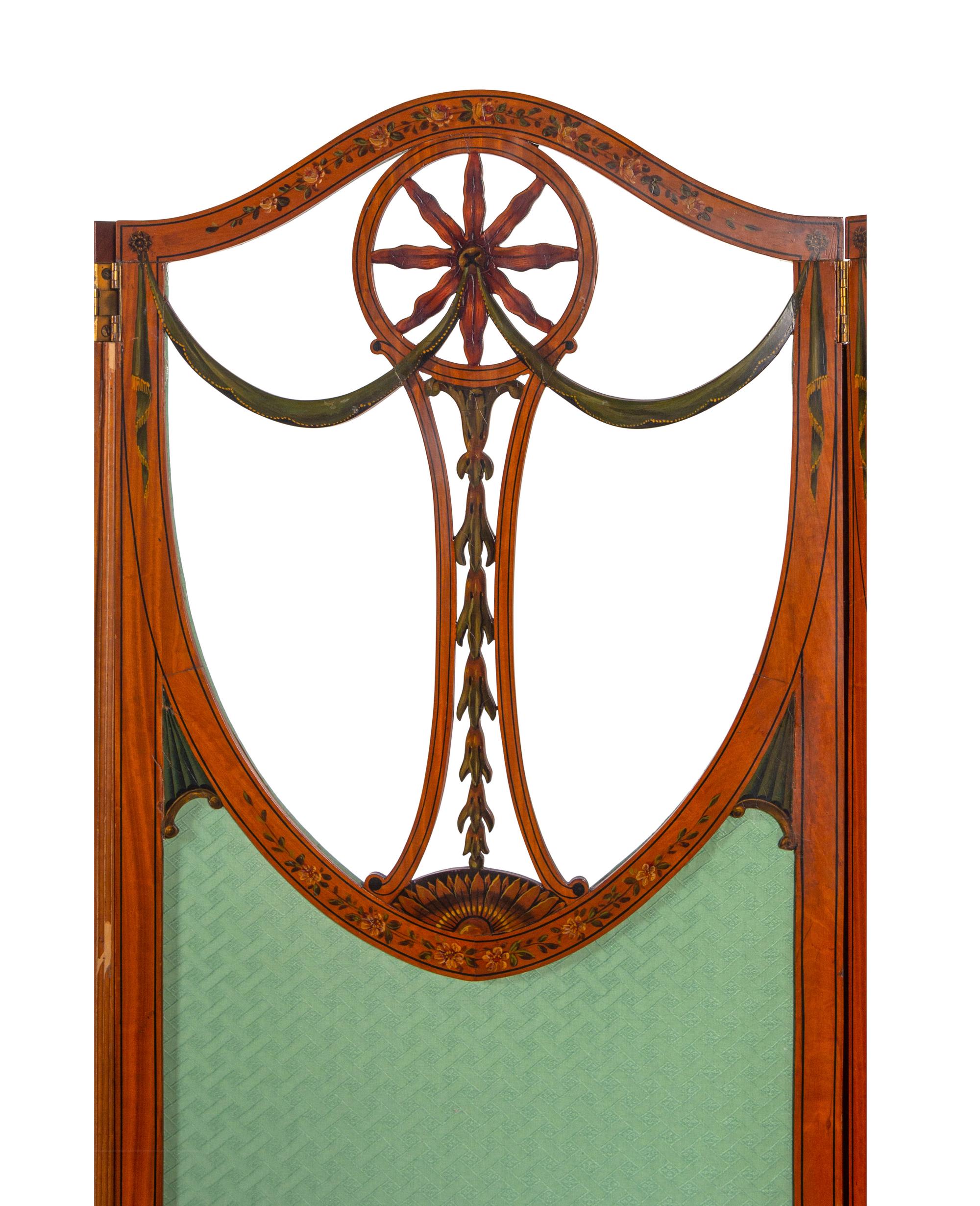 An Edwardian Painted Satinwood Three Panel Floor Screen