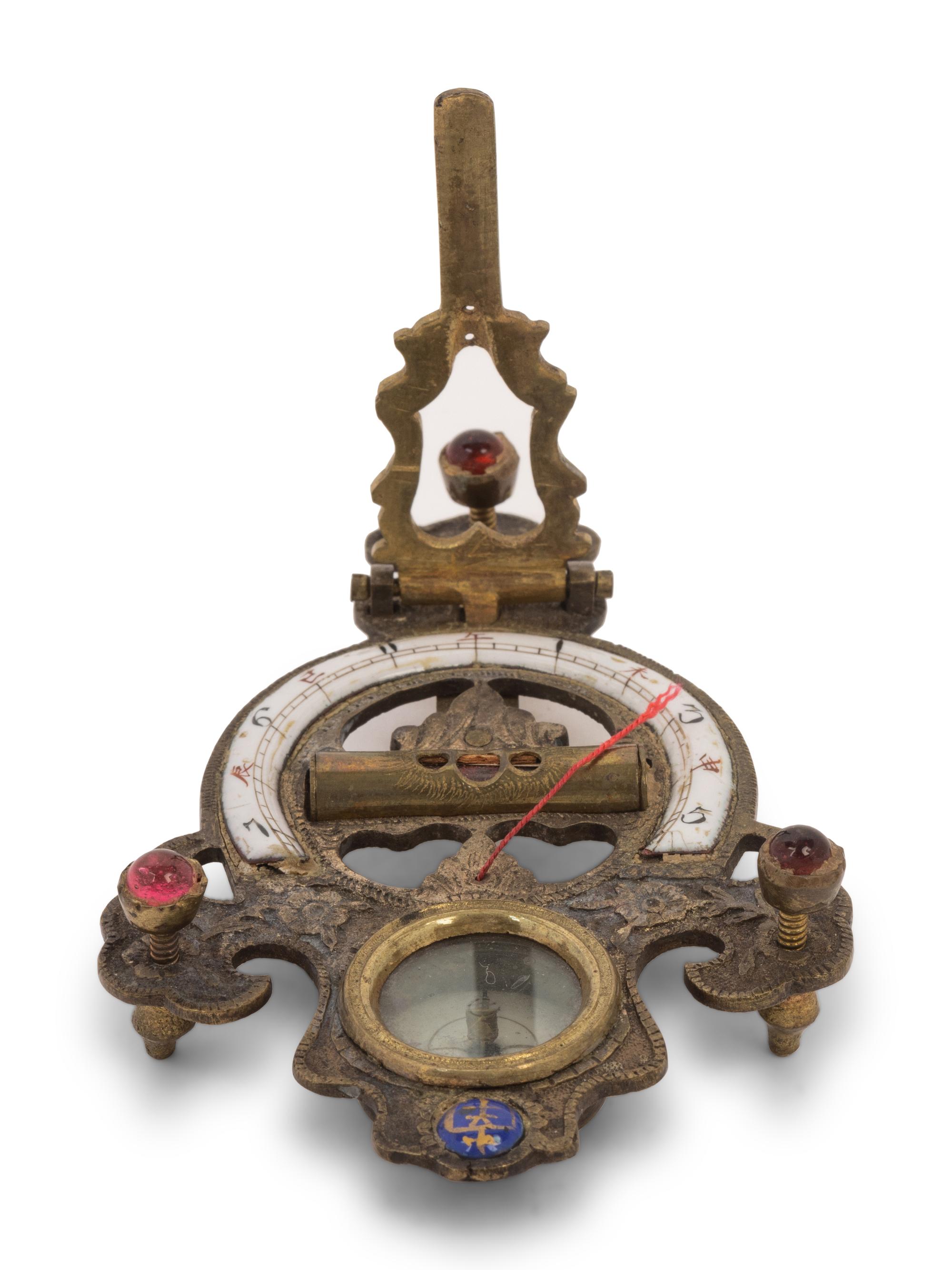 A Chinese Enameled Brass Navigation Compass and Sundial