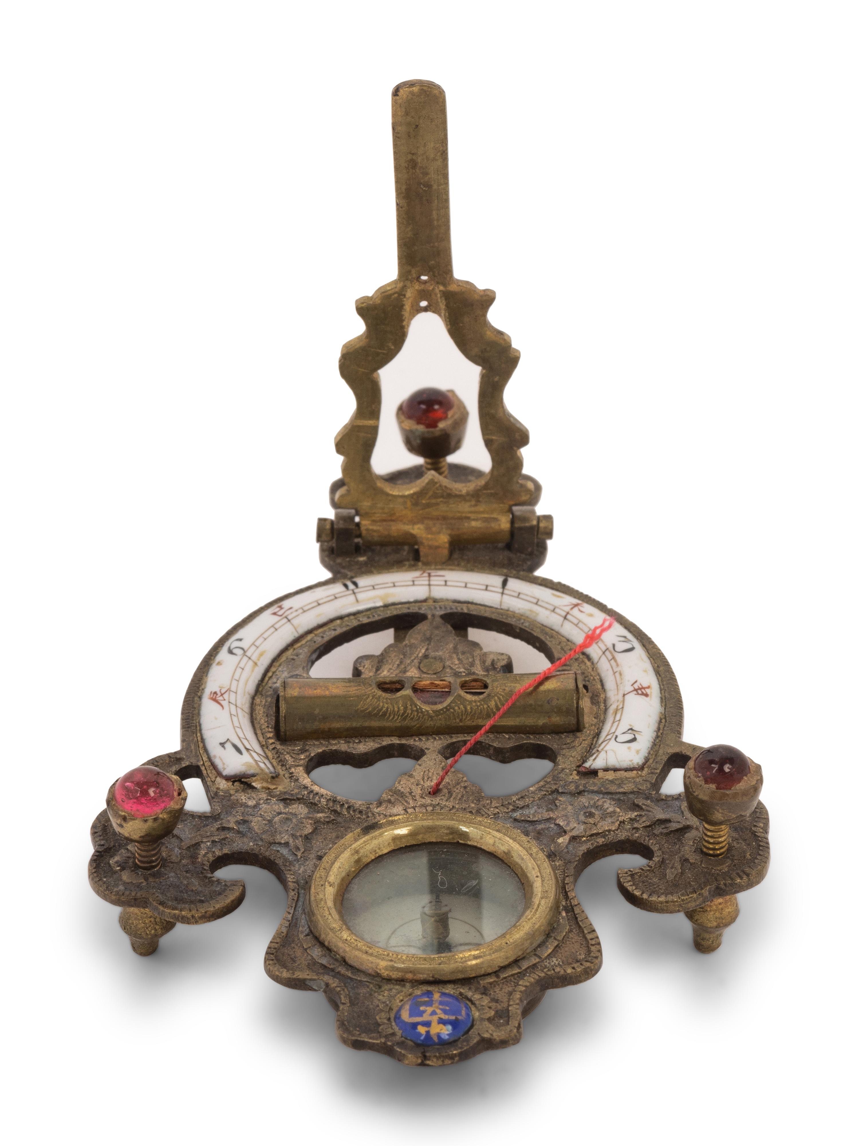 A Chinese Enameled Brass Navigation Compass and Sundial