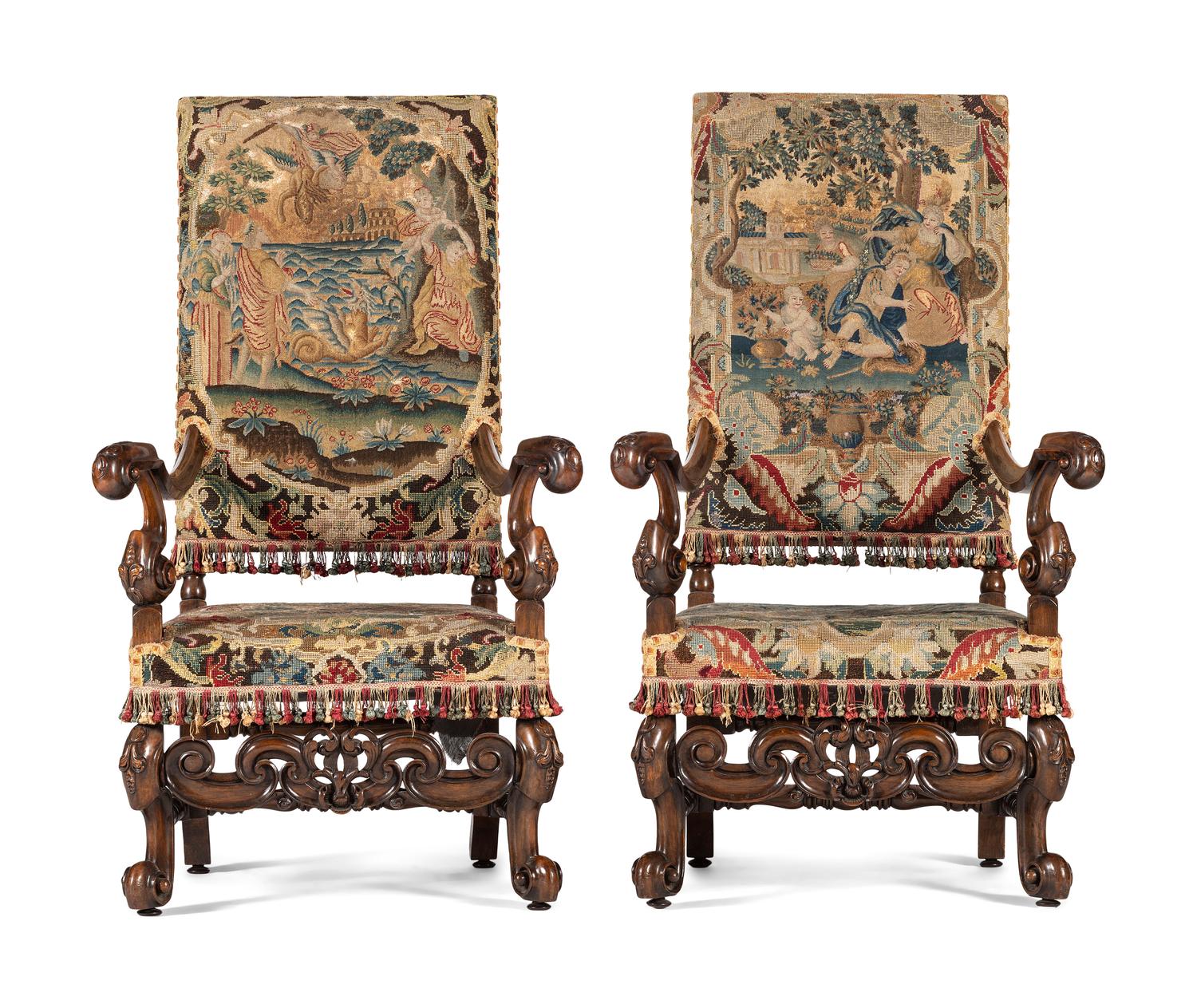 A Pair of William and Mary Style Walnut Armchairs with Flemish Tapestry Upholstery