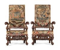A Pair of William and Mary Style Walnut Armchairs with Flemish Tapestry Upholstery