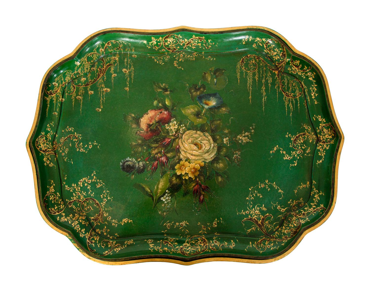 A Regency Green and Gilt Lacquer Papier Mache Tray Table — 19TH CENTURY