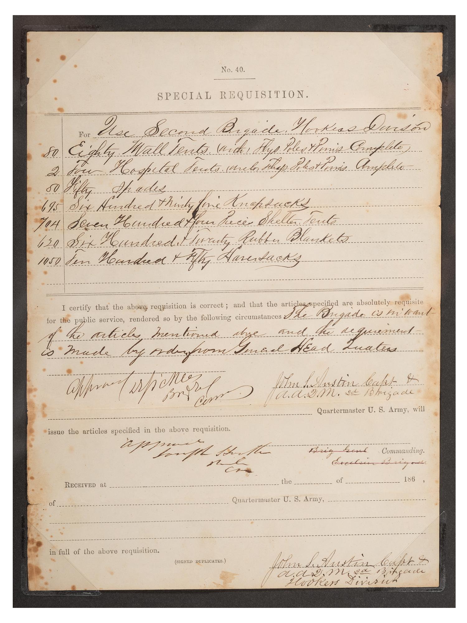 [CIVIL WAR]. SICKLES, Daniel (1819-1914) and Joseph HOOKER (1814-1879). Partly-printed No. 40 Special Requisition document signed ("D.Sickles", "Joseph Hooker"). N.p., [ca October 1861-March 1862].