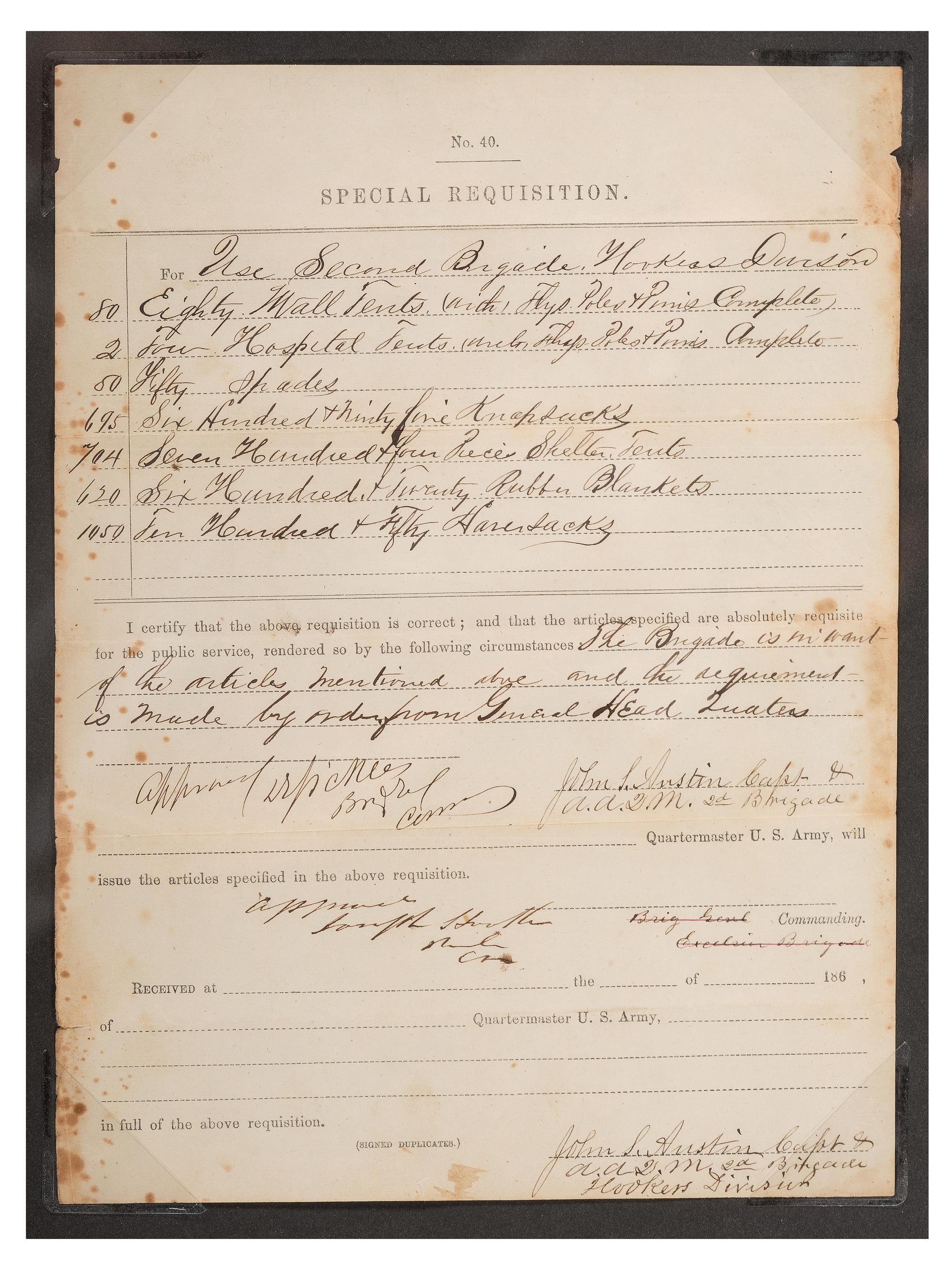 [CIVIL WAR]. SICKLES, Daniel (1819-1914) and Joseph HOOKER (1814-1879). Partly-printed No. 40 Special Requisition document signed ("D.Sickles", "Joseph Hooker"). N.p., [ca October 1861-March 1862].