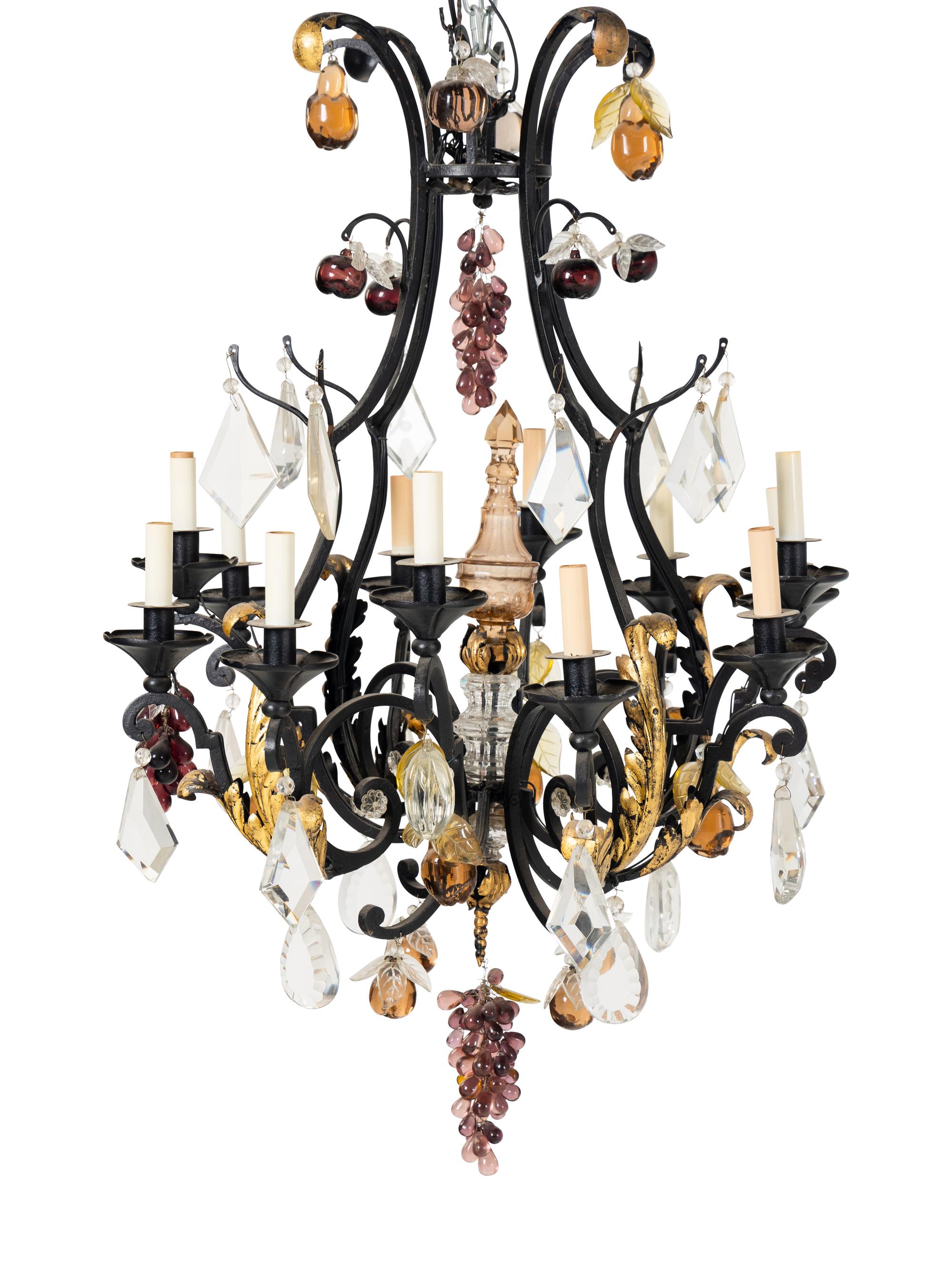 A Continental Metal and Glass Chandelier with Fruit-Form Prisms