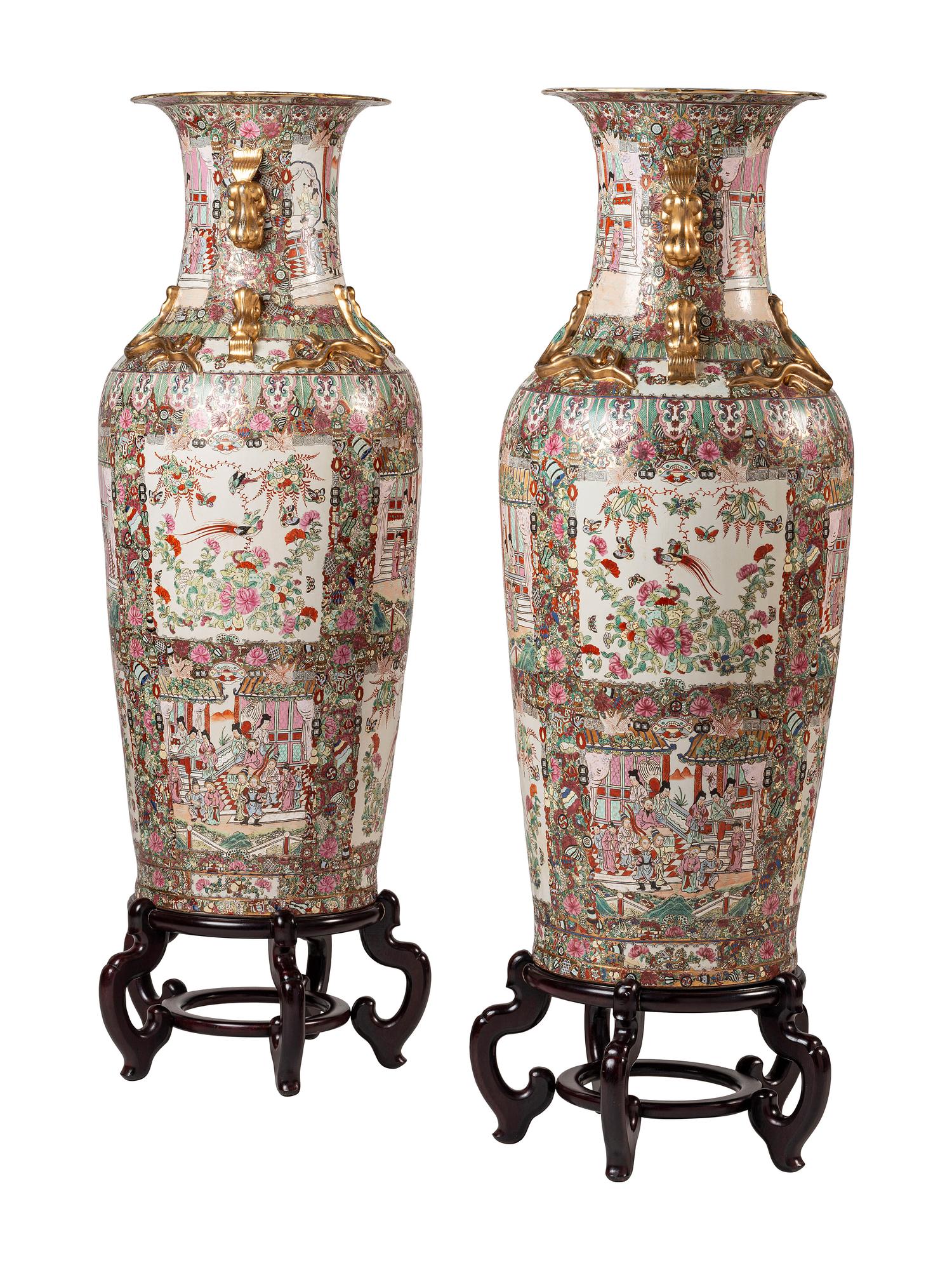 A Pair of Famille Rose Porcelain Floor Vases