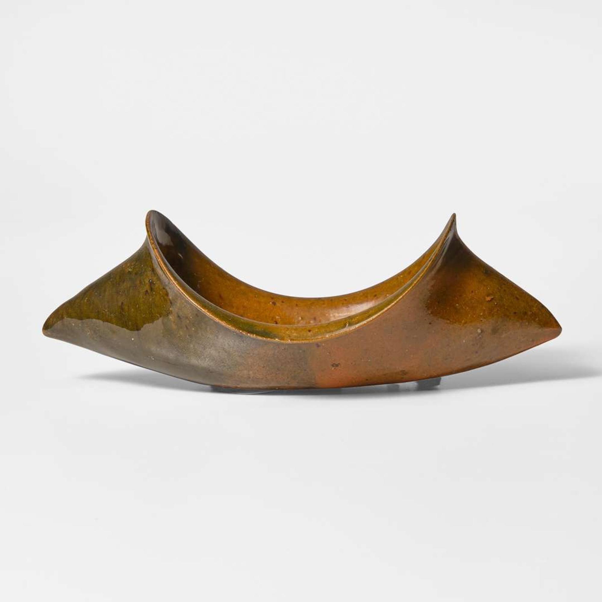 George Ohr (American, 1857-1918) Boat-Shaped Vessel in Olive Glaze, Biloxi, Mississippi, USA, circa 1895-1896