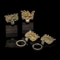 Two Pairs of Chinese Gilt Bronze 'Taotie Mask' Fittings, Han-Six Dynasties — 漢-六朝 銅鎏金饕餮紋輔首兩對