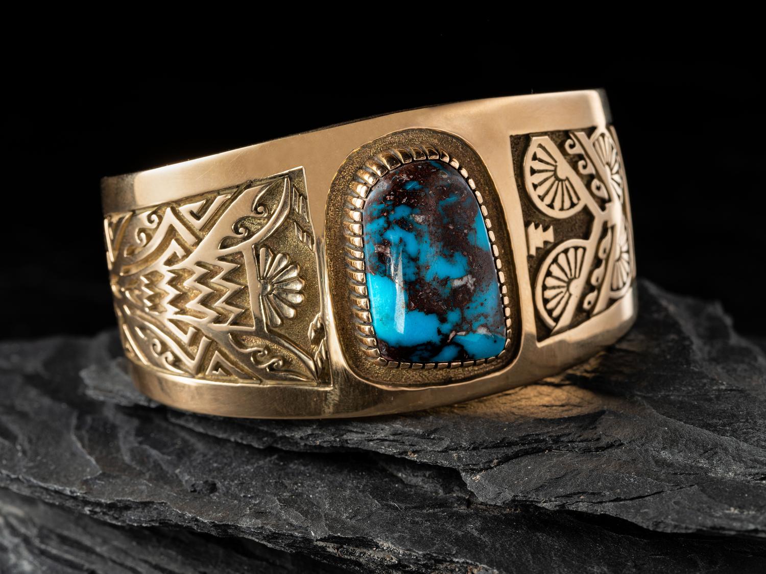 14K Gold and Bisbee Turquoise Cuff Bracelet