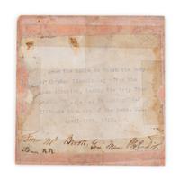 [LINCOLN'S FUNERAL]. A pink marble fragment from the table that purportedly supported Abraham Lincoln's coffin while aboard his funeral train traveling from Washington, D.C. to Springfield, Illinois, [ca. 21 April 1865].