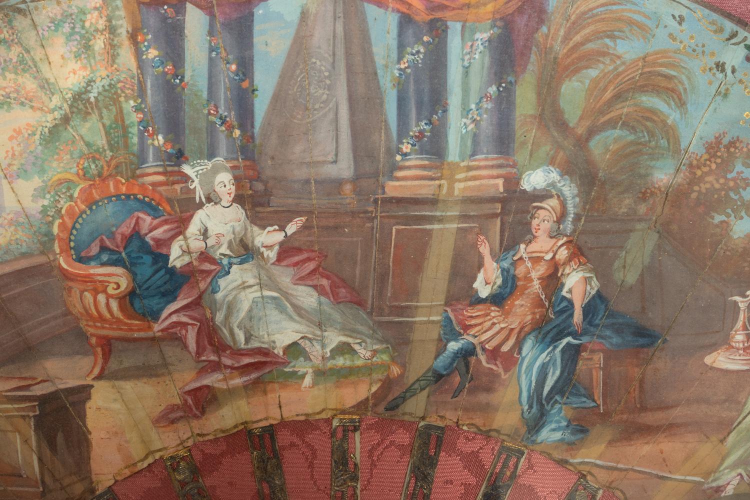 A Framed French Gouache on Paper Fan