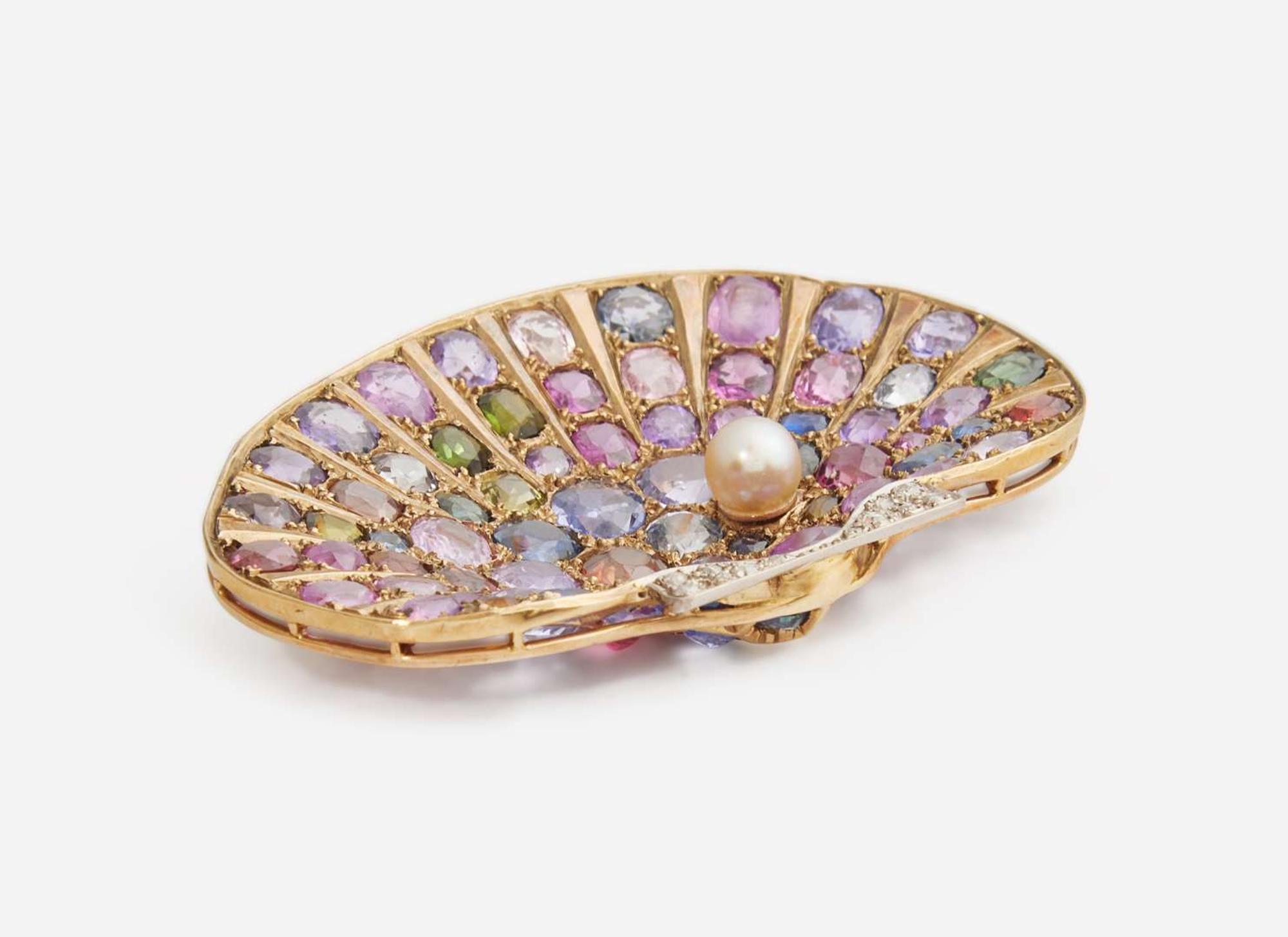 A 10K Yellow Gold and Multi-Colored Gemstone Shell Brooch