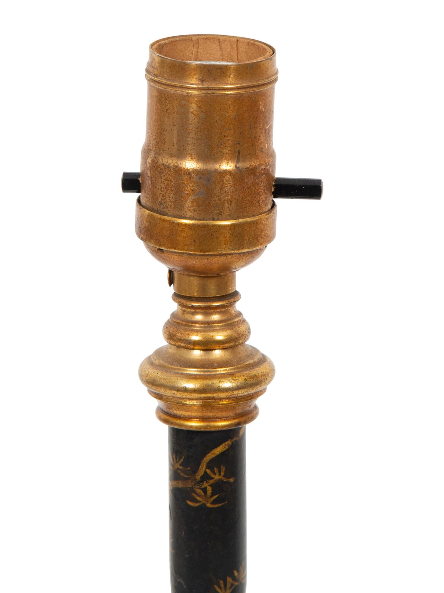 A Pair of Gilt and Black-Painted Metal Candlesticks Mounted as Lamps