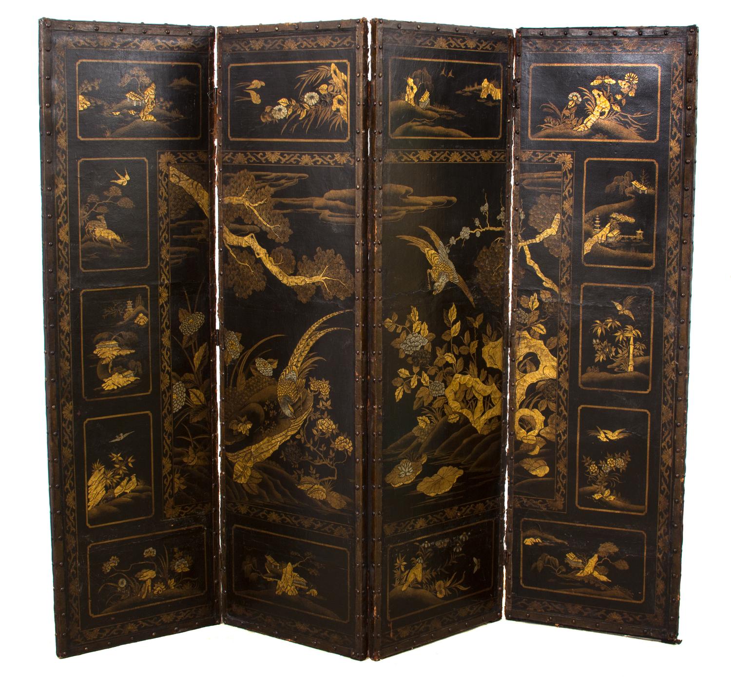 A Chinese Four-Panel Black and Gilt Decorated Leather Screen Height of each panel 72 x width 22 inches. — 19TH CENTURY