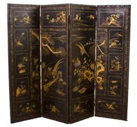 A Chinese Four-Panel Black and Gilt Decorated Leather Screen Height of each panel 72 x width 22 inches. — 19TH CENTURY