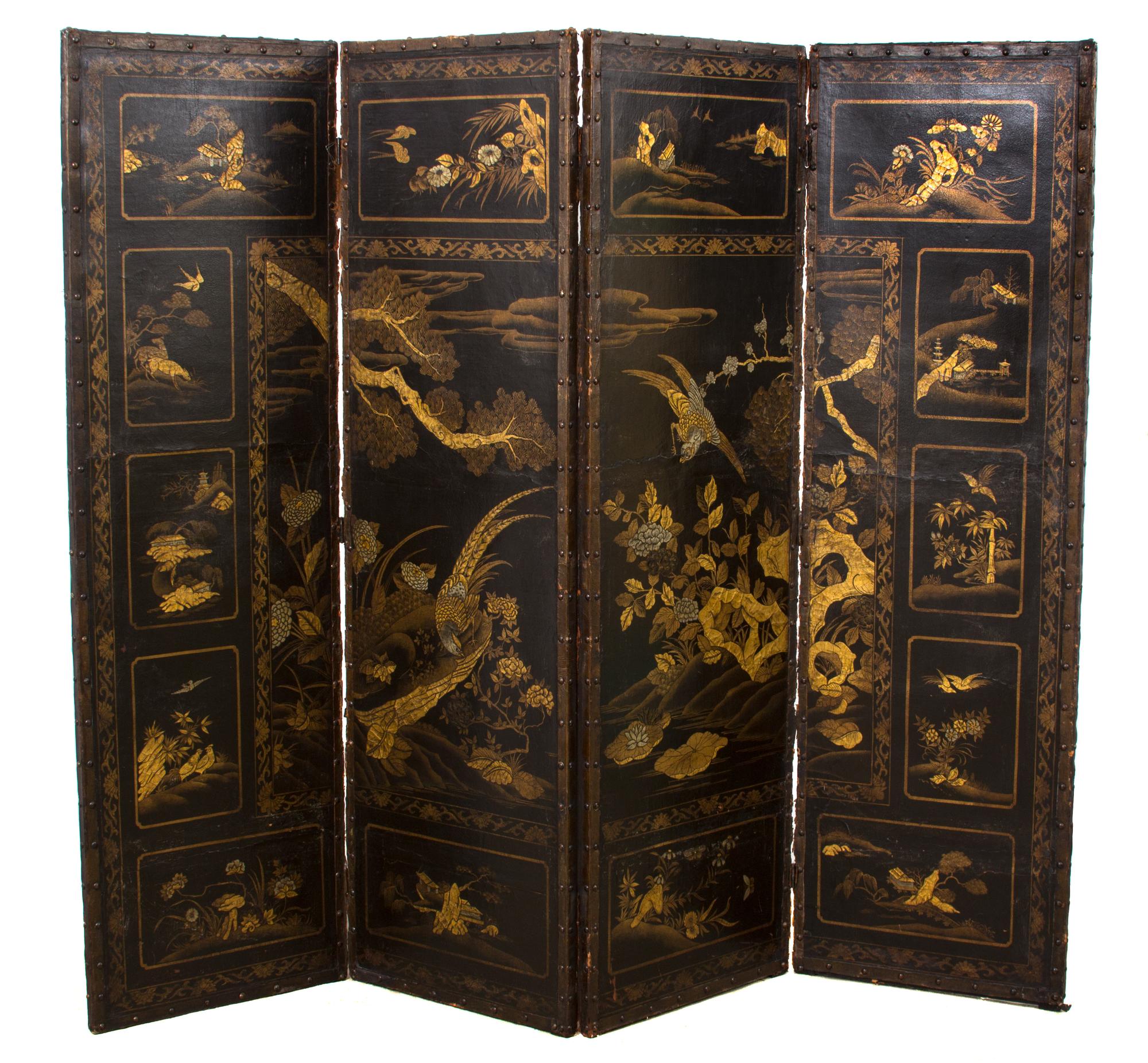 A Chinese Four-Panel Black and Gilt Decorated Leather Screen Height of each panel 72 x width 22 inches. — 19TH CENTURY