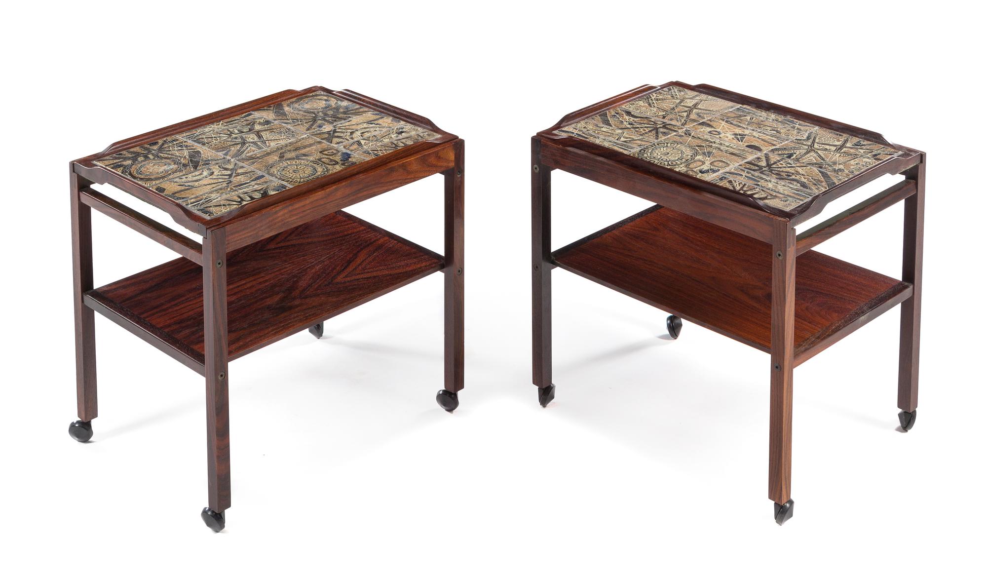Severin Hansen Jr. and Nils Thorsson (Danish), HASLEV MOBELSNEDKERI A/S; ROYAL COPENHAGEN, 1960s, a pair of tea carts