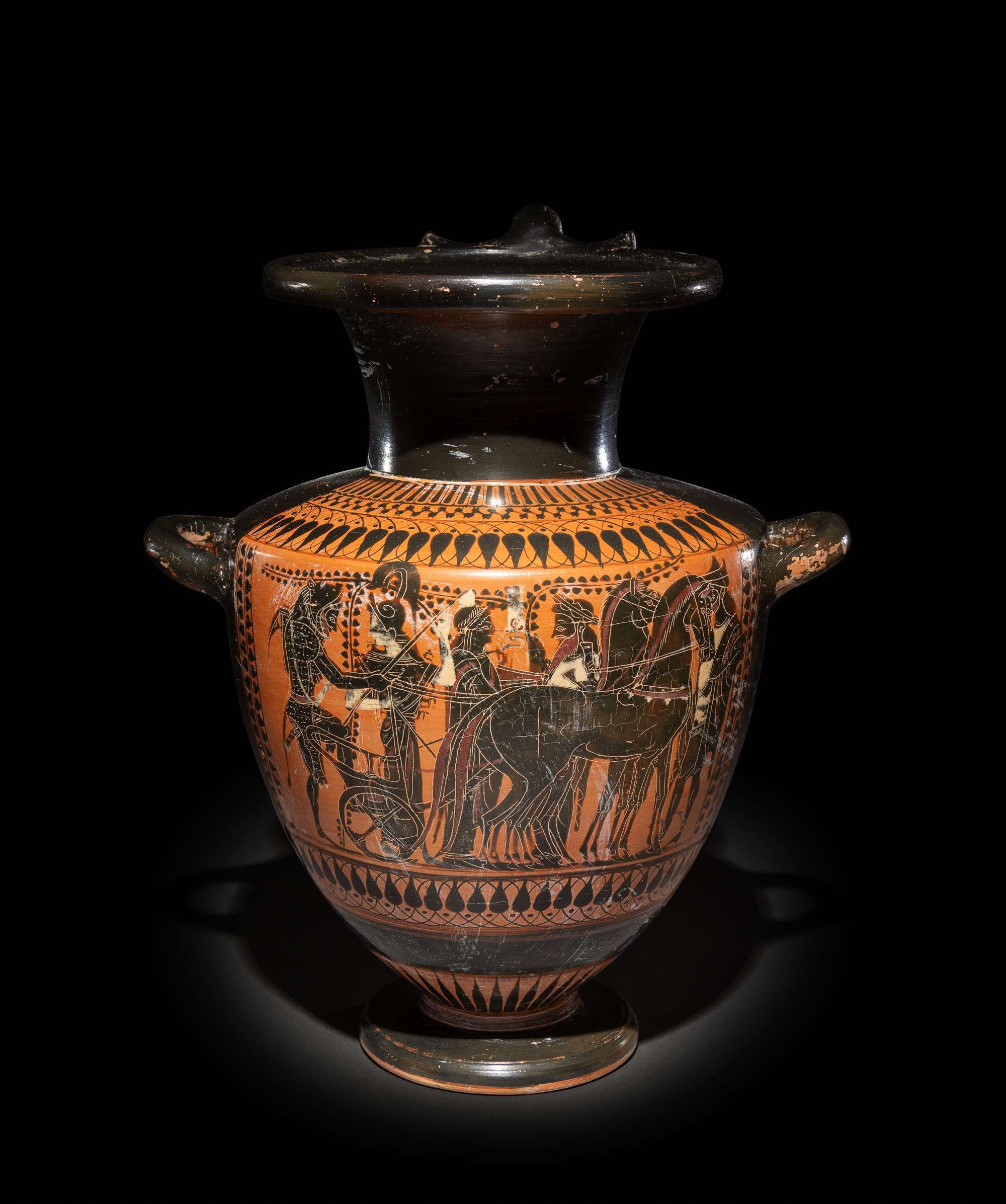 An Attic Black-Figured Hydria with Herakles Mounting His Quadriga