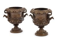 A Pair of Pompeian Style Patinated Bronze Urns