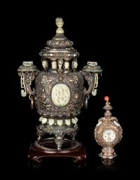 Two Mongolian Style Hardstone and Jade Embellished Metal Covered Vases