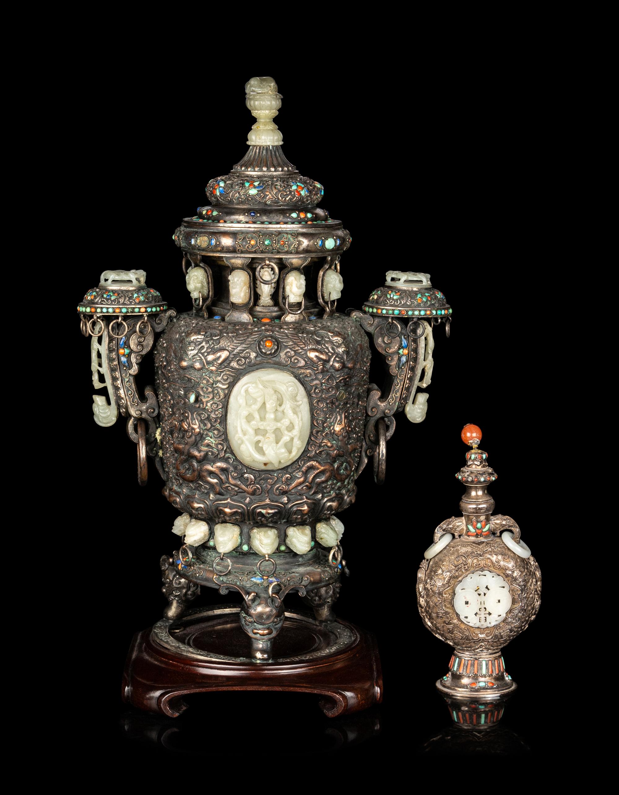 Two Mongolian Style Hardstone and Jade Embellished Metal Covered Vases