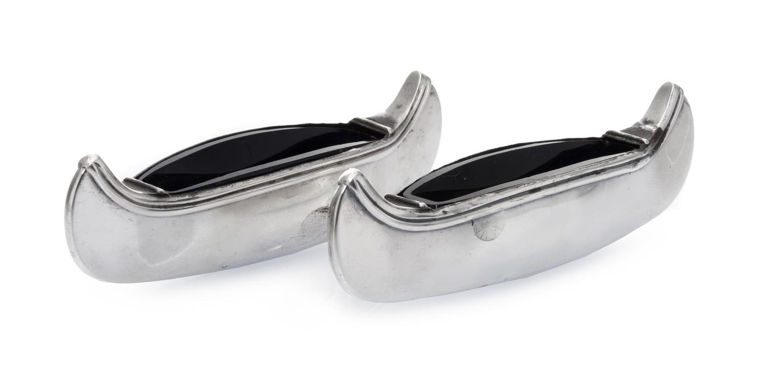 A Pair of George V Silver Salts, Likely Robert Pringle & Sons, Birmingham, 1913, formed as canoes with blue glass liners.