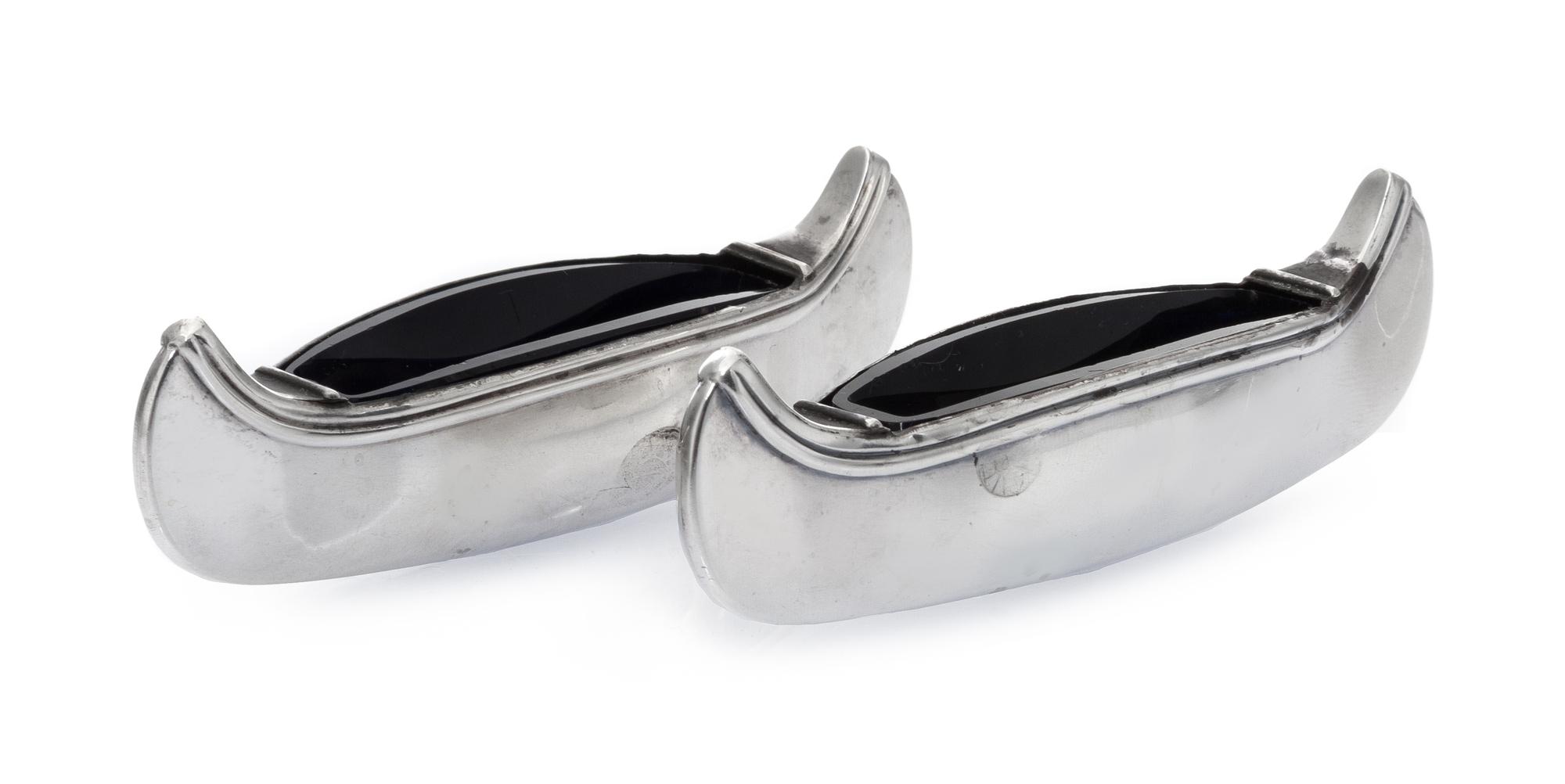 A Pair of George V Silver Salts, Likely Robert Pringle & Sons, Birmingham, 1913, formed as canoes with blue glass liners.