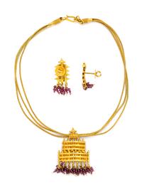 HIGH KARAT YELLOW GOLD AND COMPOSITE GEMSTONE NECKLACE AND EARRINGS