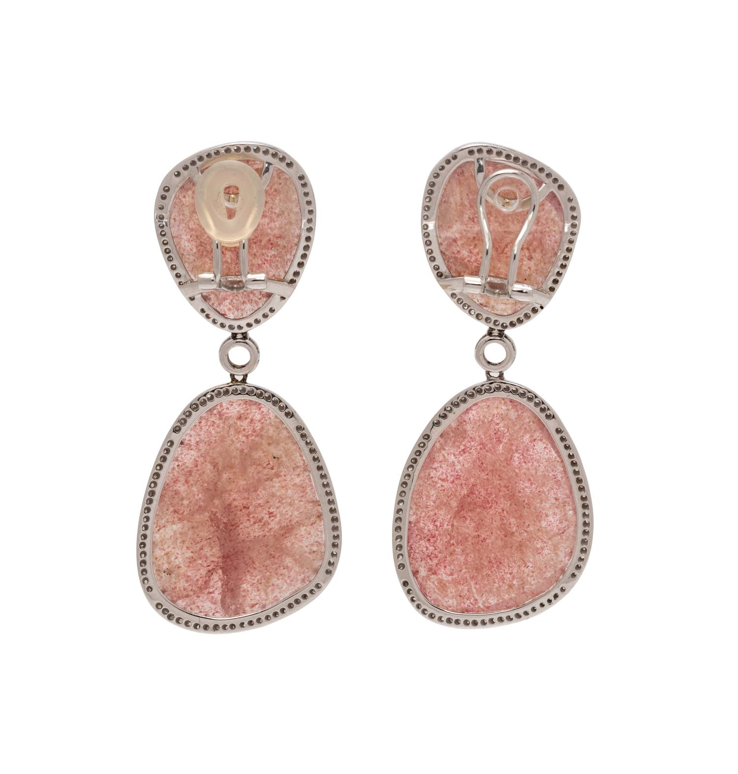 DIAMOND AND PINK AVENTURINE EARCLIPS
