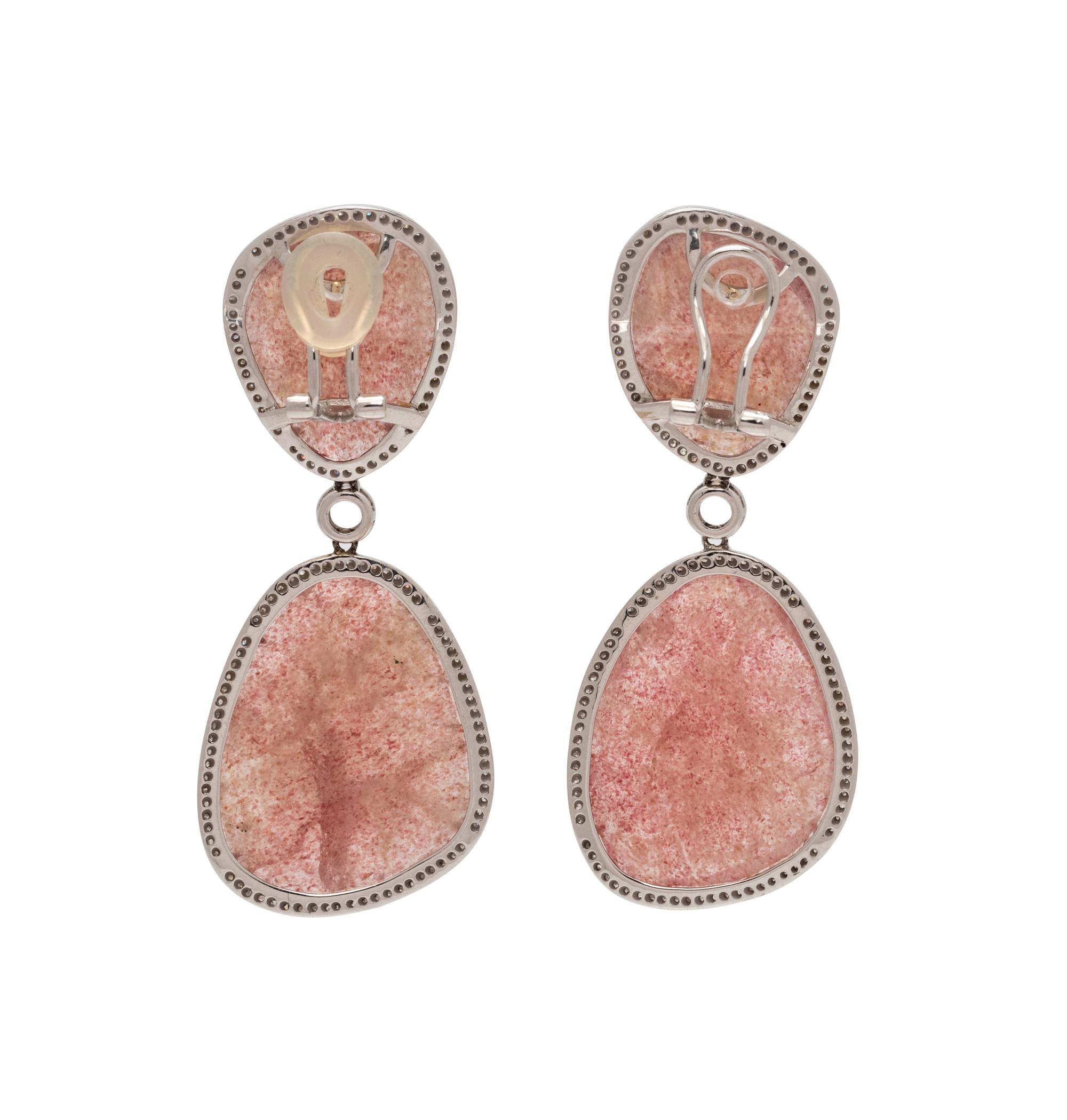 DIAMOND AND PINK AVENTURINE EARCLIPS