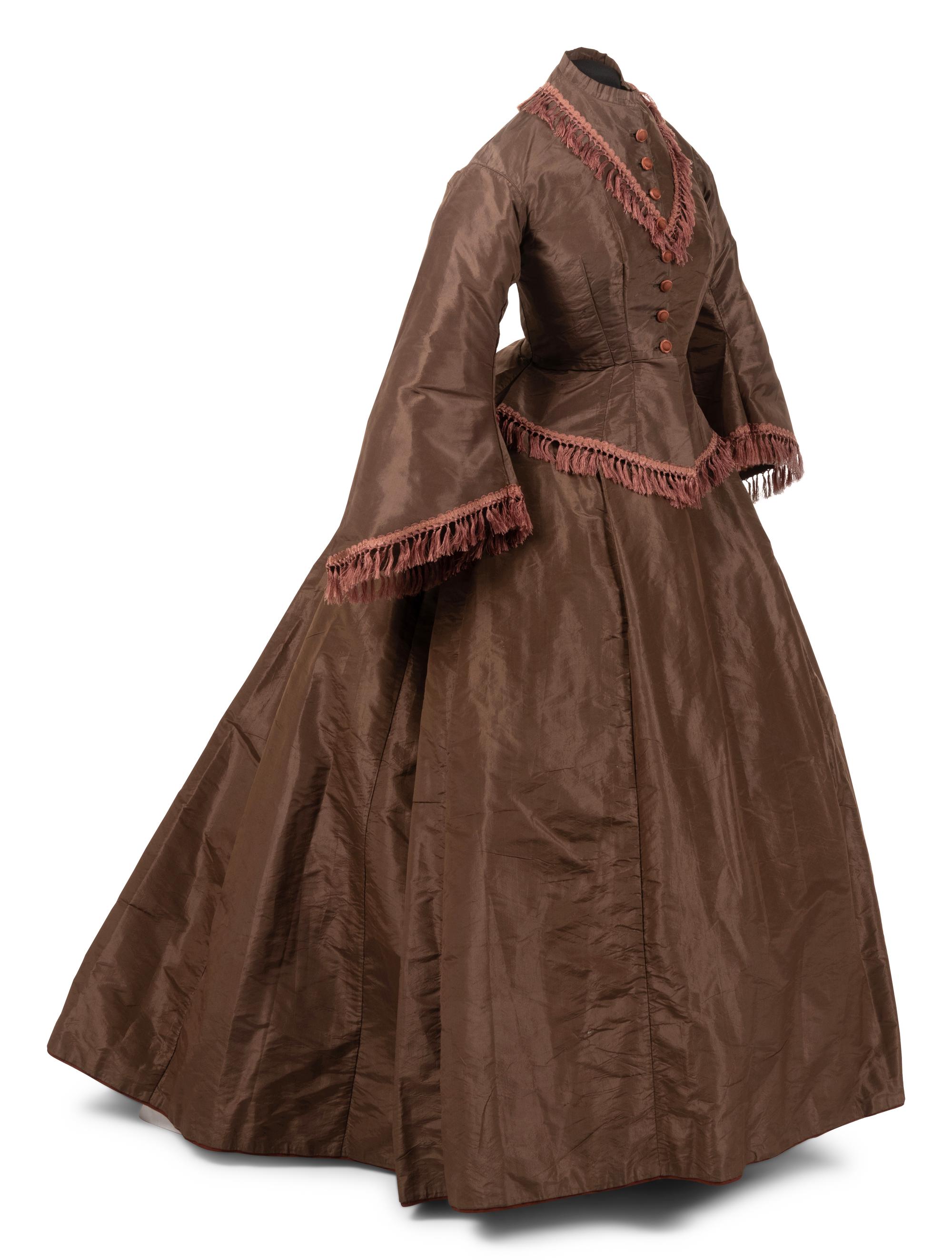 Silk Taffeta Two-Piece Dress Trimmed with Fringe, 1860s