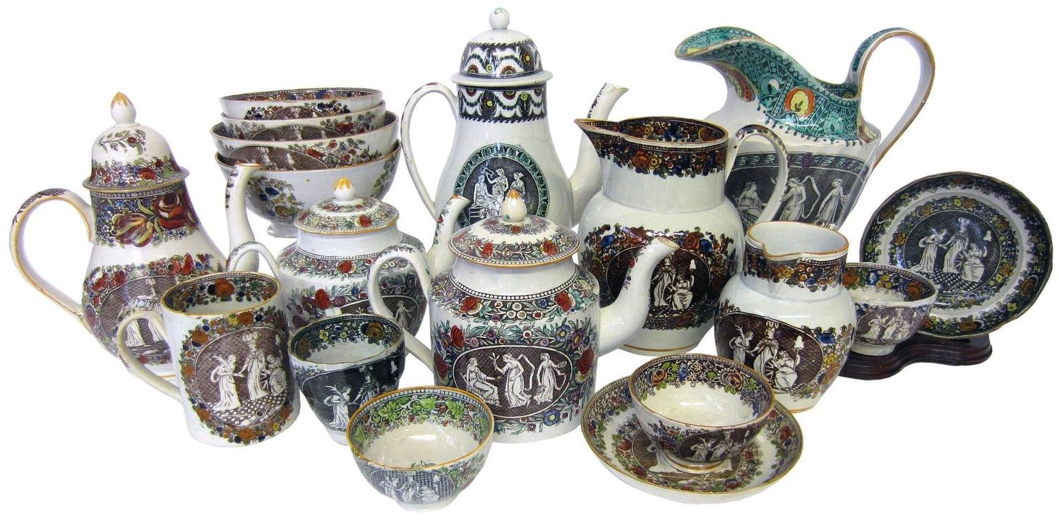 Staffordshire pearlware "Salopian" polychrome and transfer-printed items first half 19th century