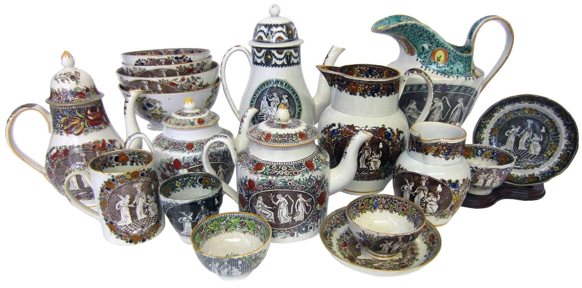 Staffordshire pearlware "Salopian" polychrome and transfer-printed items first half 19th century