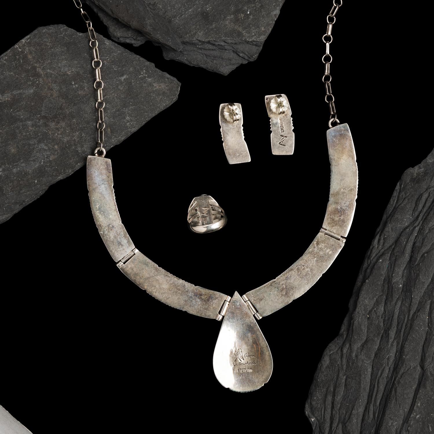 Alvin Yellowhorse (Diné, b. 1968) — Sterling Silver and Mosaic Inlay Necklace, Earring, and Ring Set