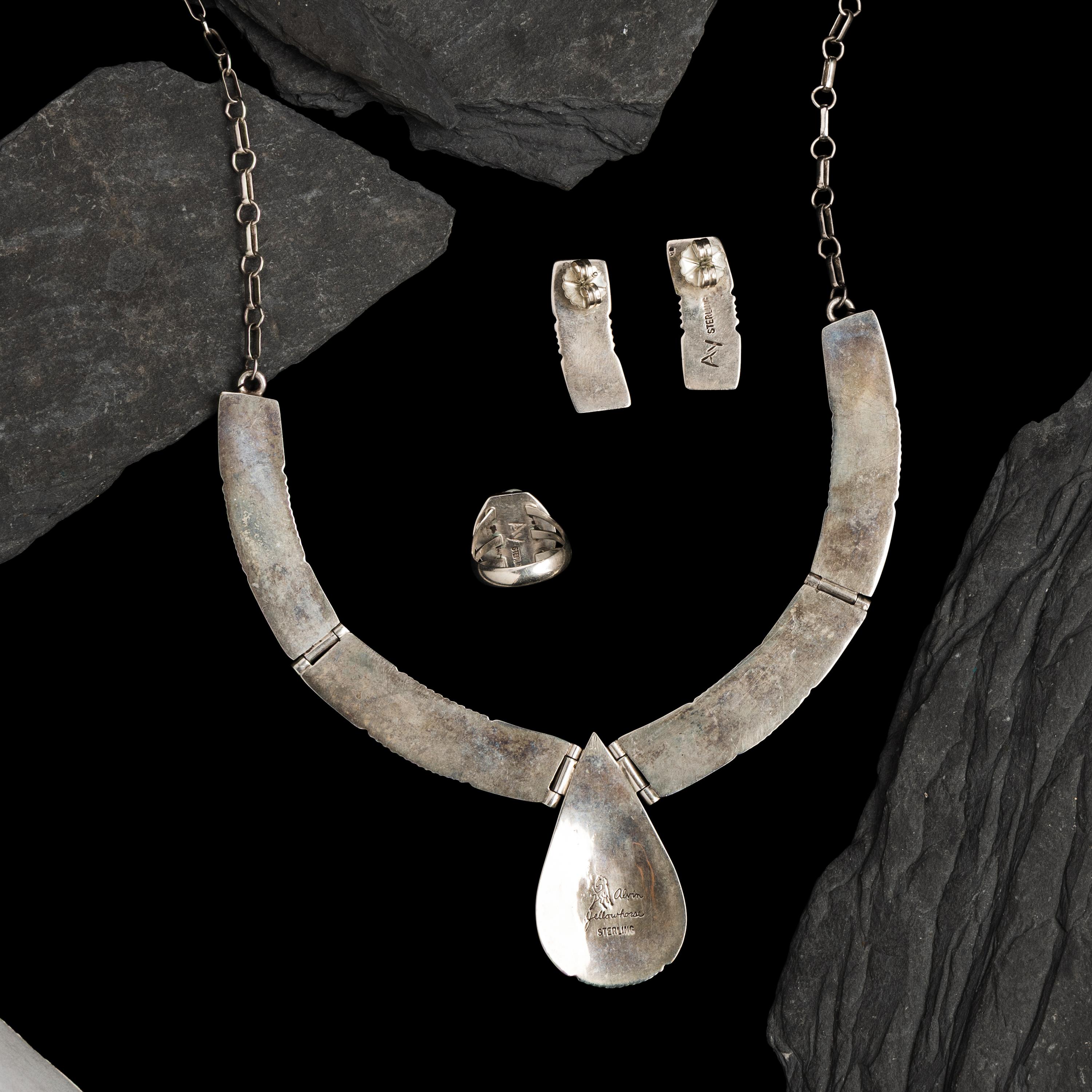 Alvin Yellowhorse (Diné, b. 1968) — Sterling Silver and Mosaic Inlay Necklace, Earring, and Ring Set