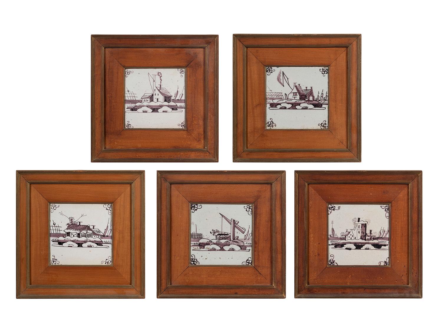 A Set of Five Framed Puce Delft Tiles