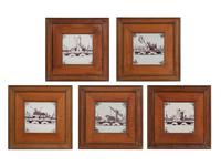 A Set of Five Framed Puce Delft Tiles