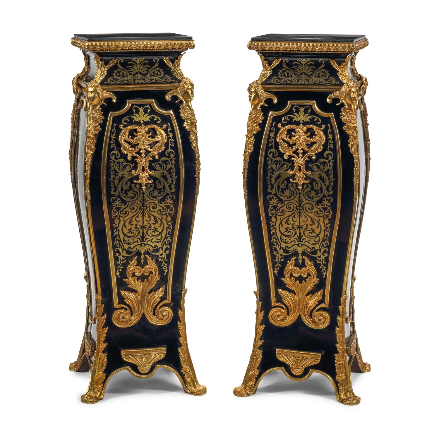 A Pair of Louis XV Style Gilt Bronze Mounted Boulle Marquetry Marble-Top Pedestals