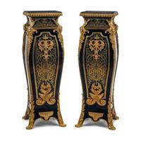 A Pair of Louis XV Style Gilt Bronze Mounted Boulle Marquetry Marble-Top Pedestals
