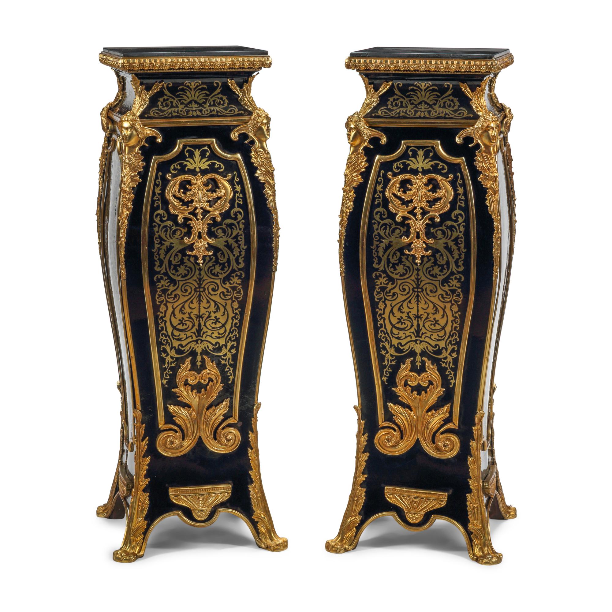 A Pair of Louis XV Style Gilt Bronze Mounted Boulle Marquetry Marble-Top Pedestals