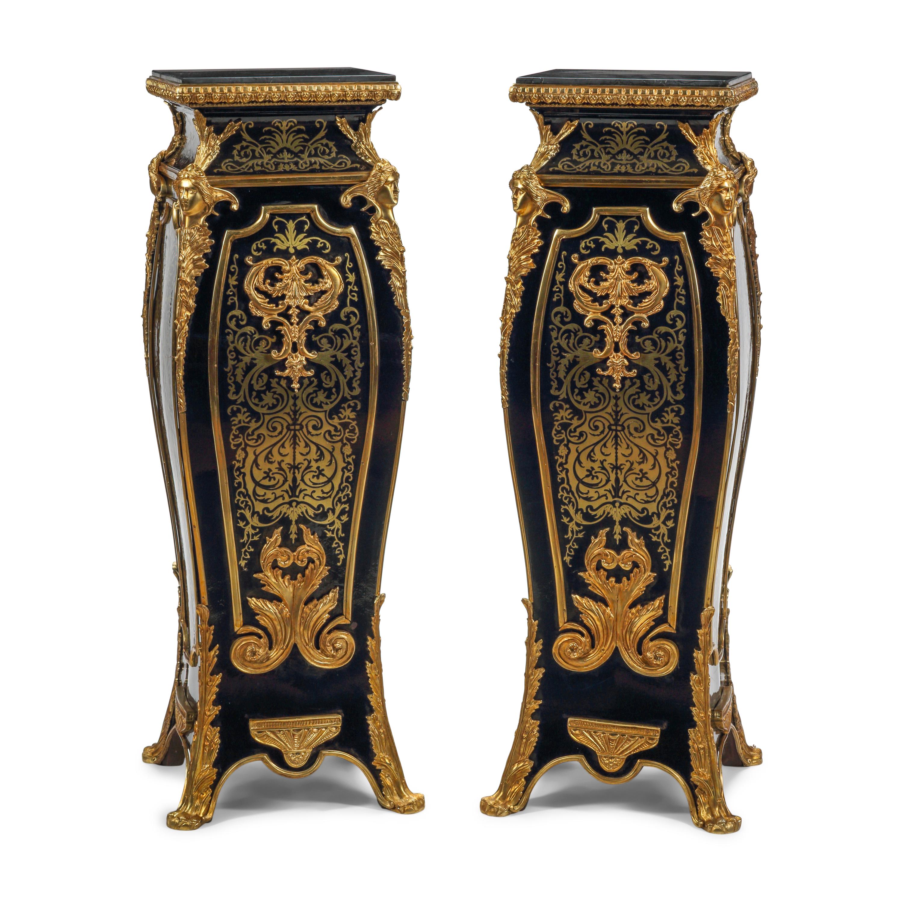 A Pair of Louis XV Style Gilt Bronze Mounted Boulle Marquetry Marble-Top Pedestals