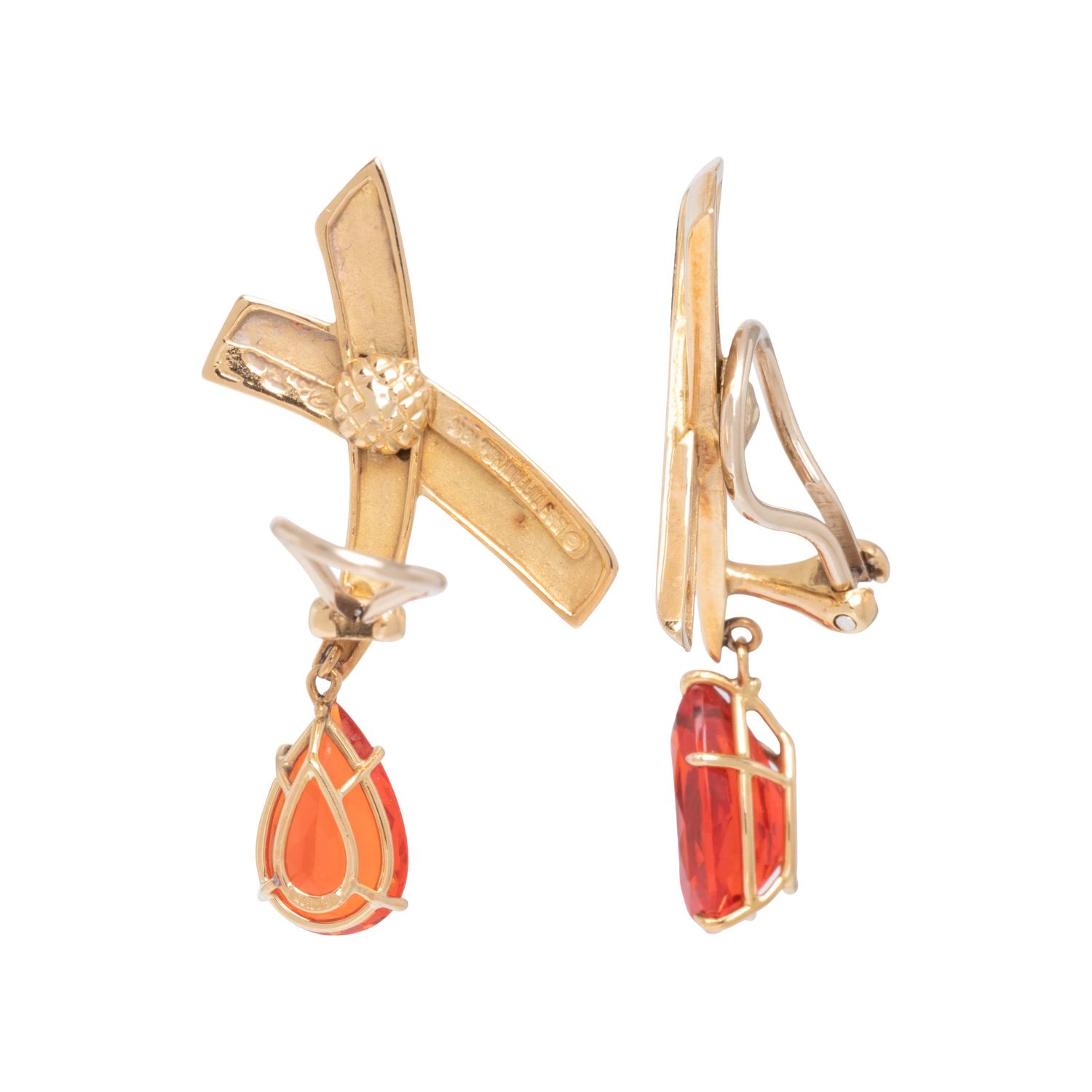TIFFANY & CO., PALOMA PICASSO, YELLOW GOLD AND FIRE OPAL 'X' EARCLIPS