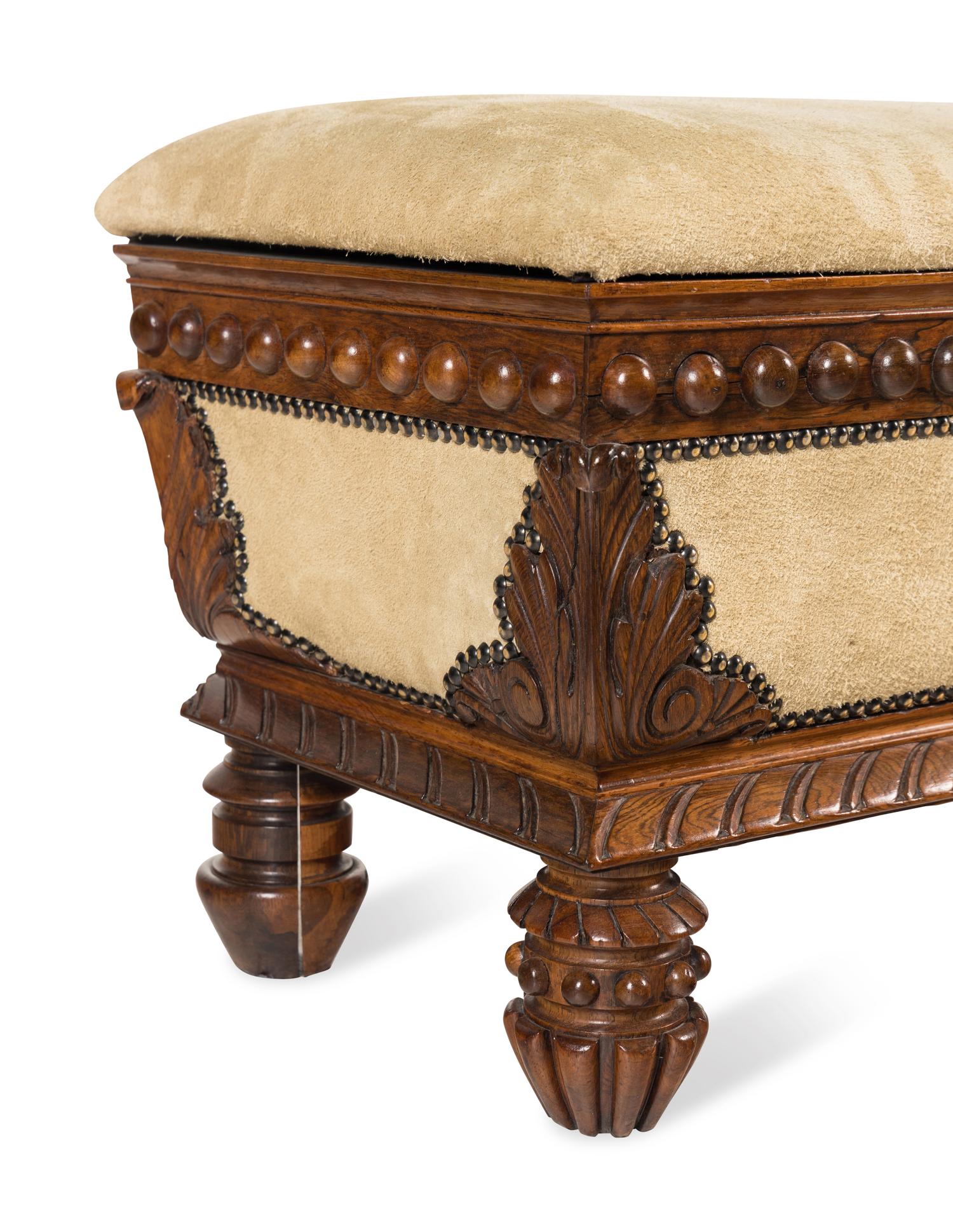 An English Suede Upholstered Rosewood Hall Bench