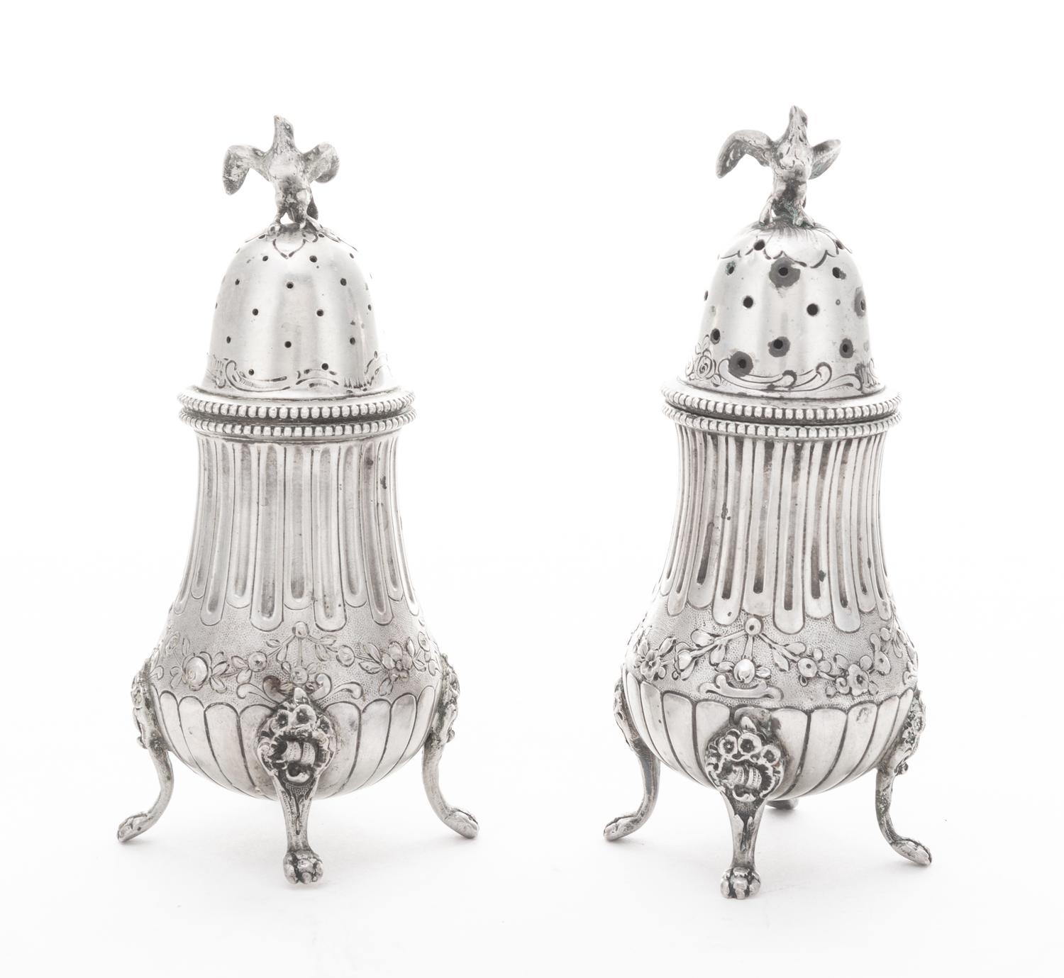 Two German Silver Casters Height 5 inches. — STORK AND SINSHEIMER, LATE 19TH/EARLY 20TH CENTURY.